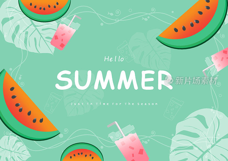 Hello Summer概念在柔和的绿色背景布局横幅平面设计西瓜草莓冰沙夏日饮料和假期假期横向海报，贺卡，标题为网站